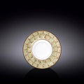 Round ceramic plate with abstract green and brown pattern, displayed on a black background.