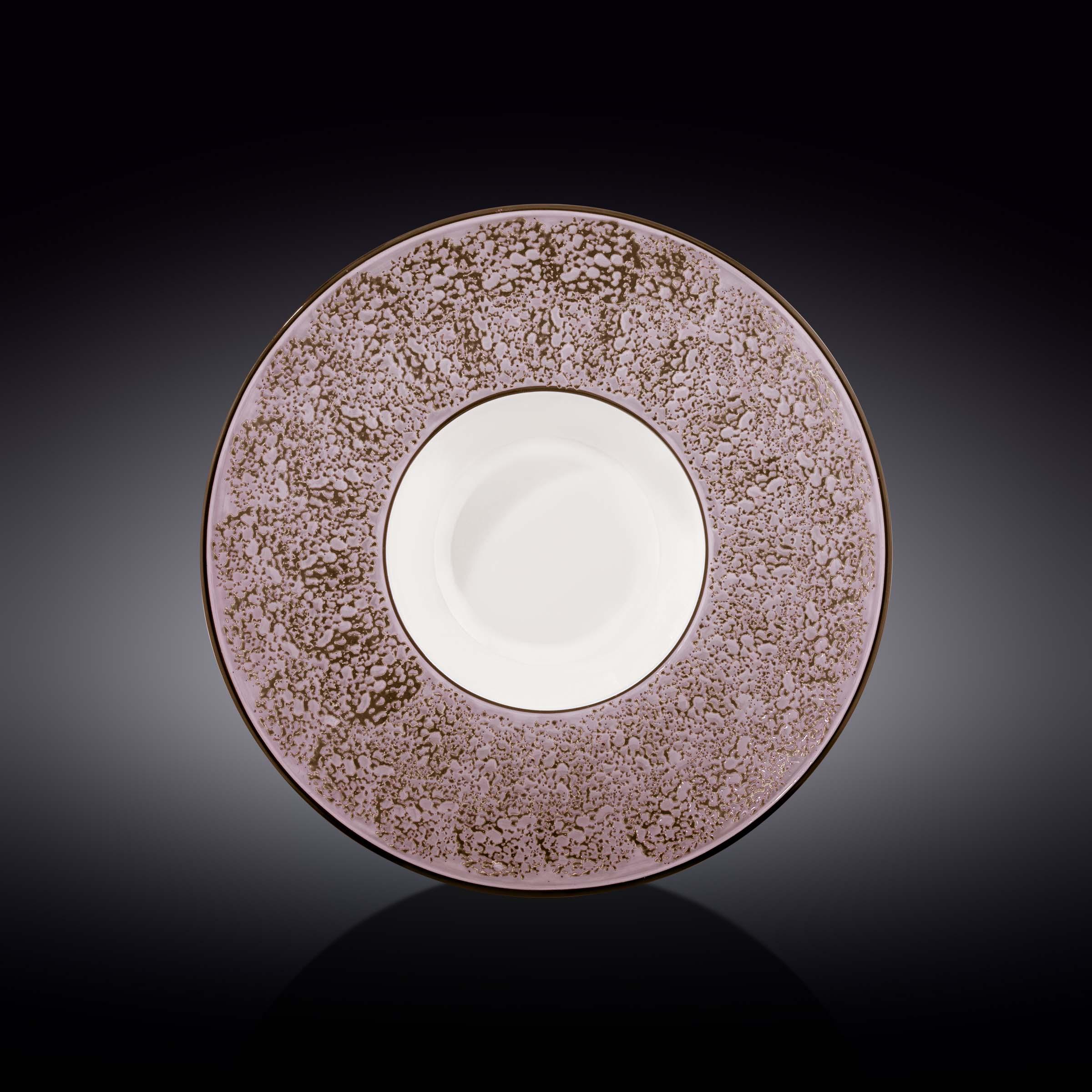 Artist-designed ceramic plate with purple speckled rim on black background, Qu!rk Boutique