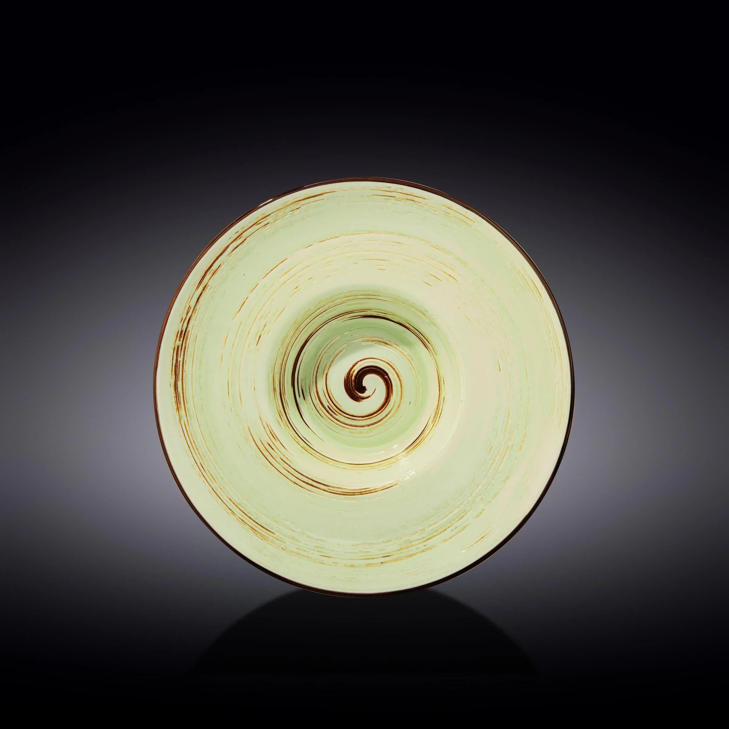 Artist-designed ceramic plate with green and brown spiral pattern, Qu!rk Boutique exclusive