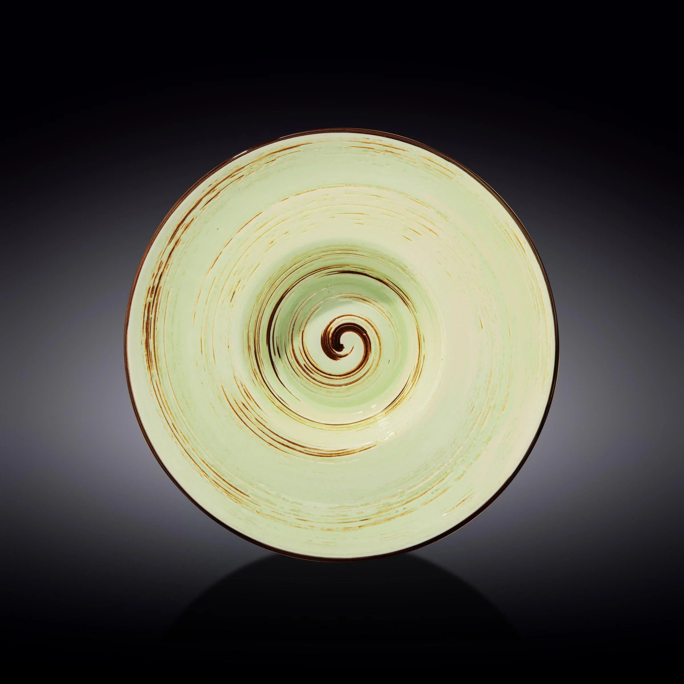 Handcrafted ceramic plate with a green and brown spiral design, artist-made, cosmic decor