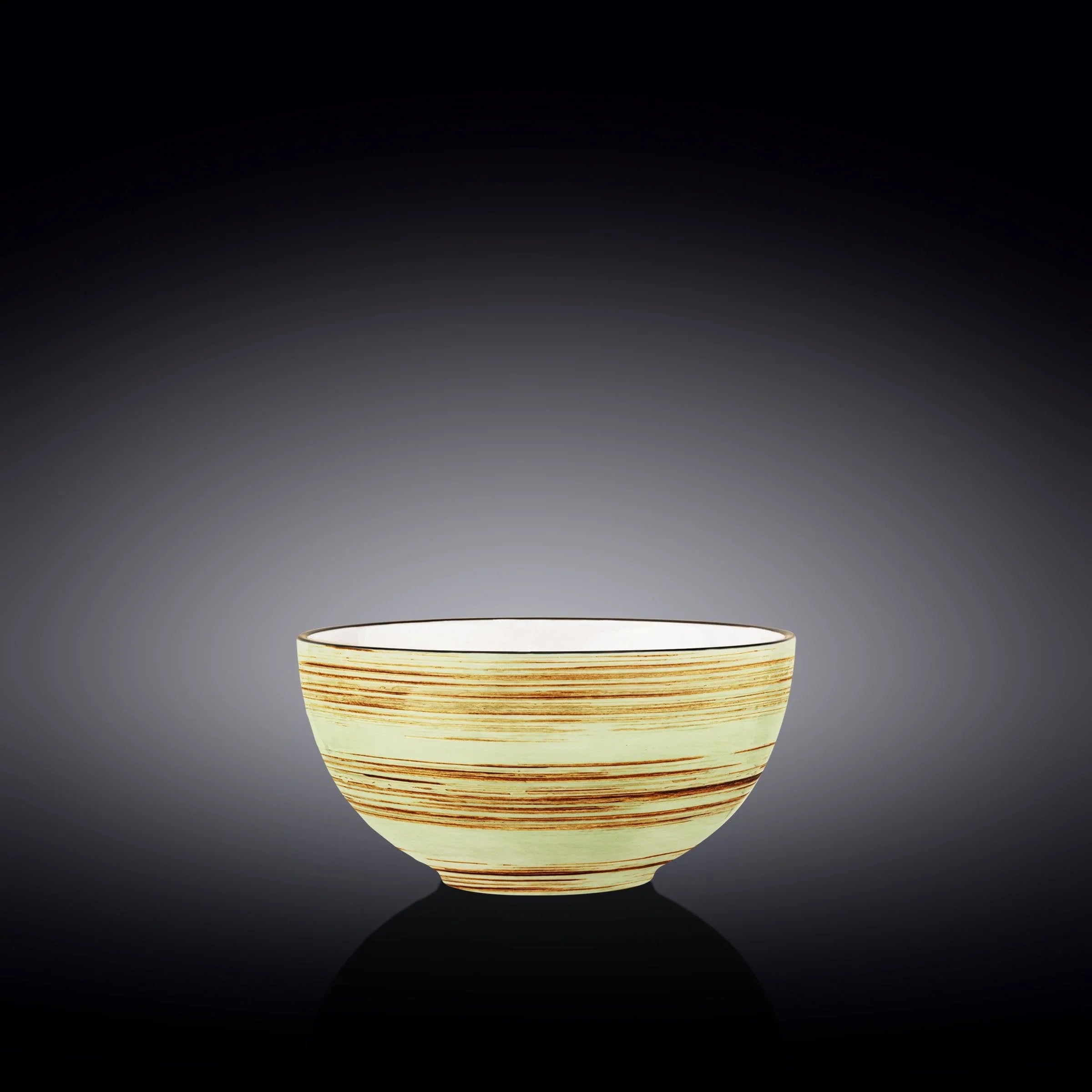 Handcrafted ceramic bowl with yellow and brown stripes, artist-designed at Qu!rk Boutique