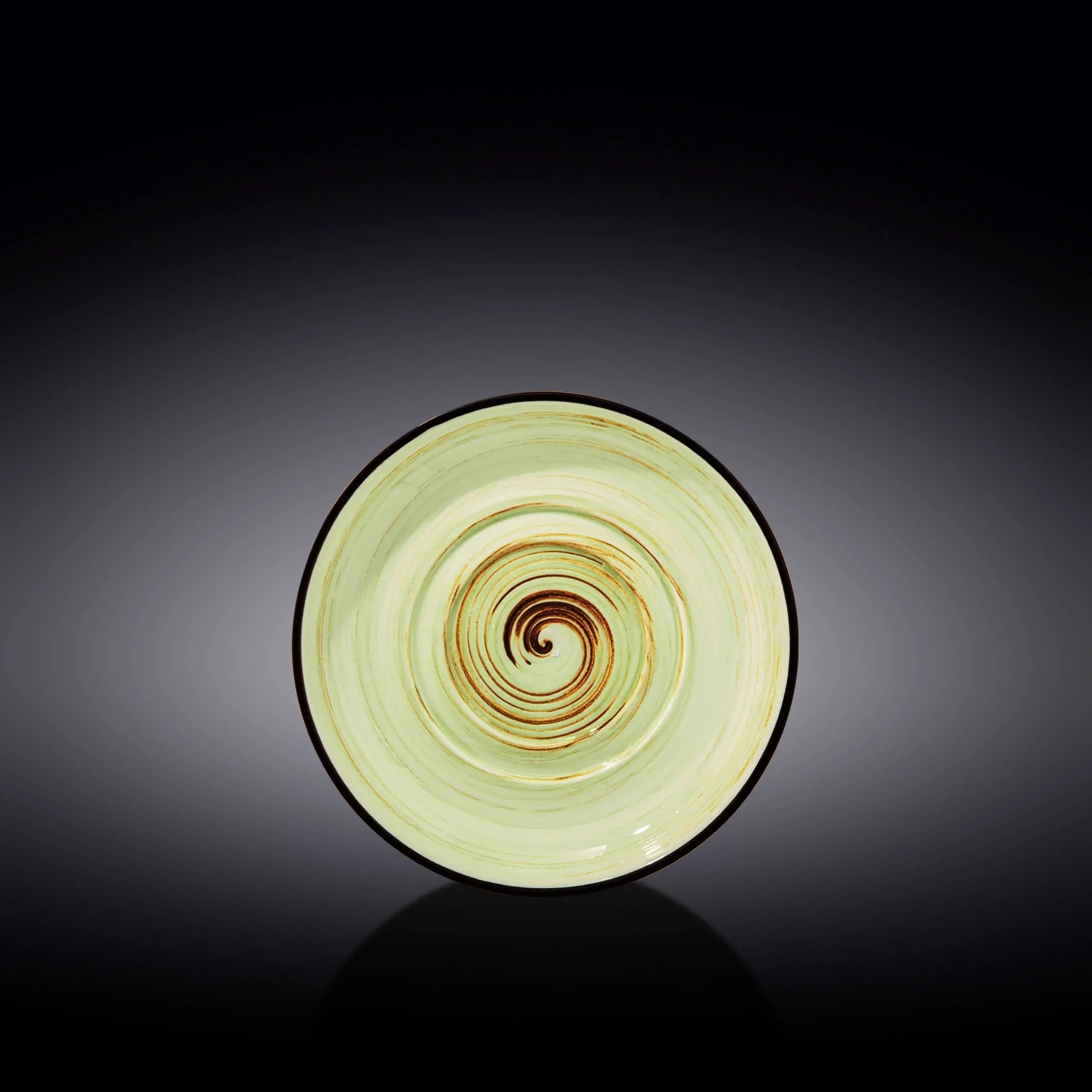 Artist-designed green ceramic plate with brown spiral pattern on black background, Qu!rk Boutique