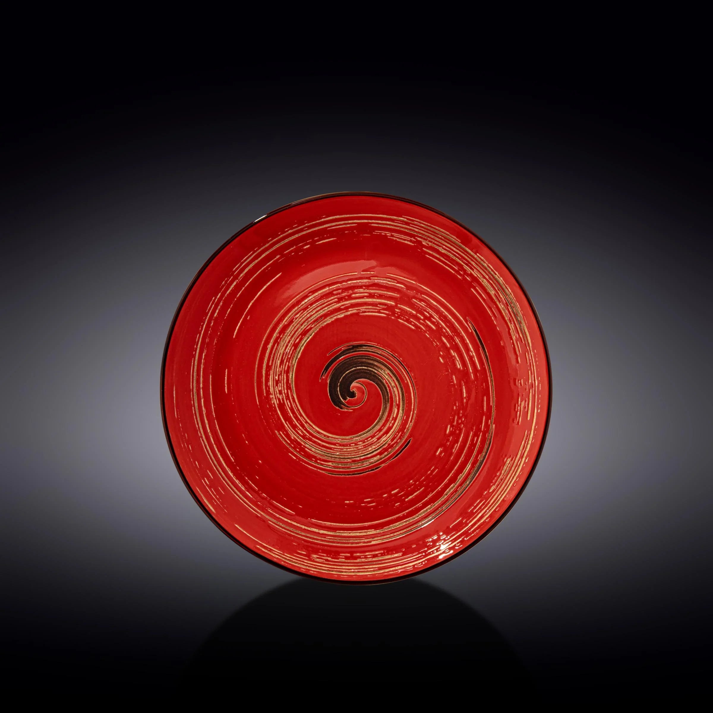 Red spiral artist-designed ceramic plate on black background, Qu!rk Boutique giftware