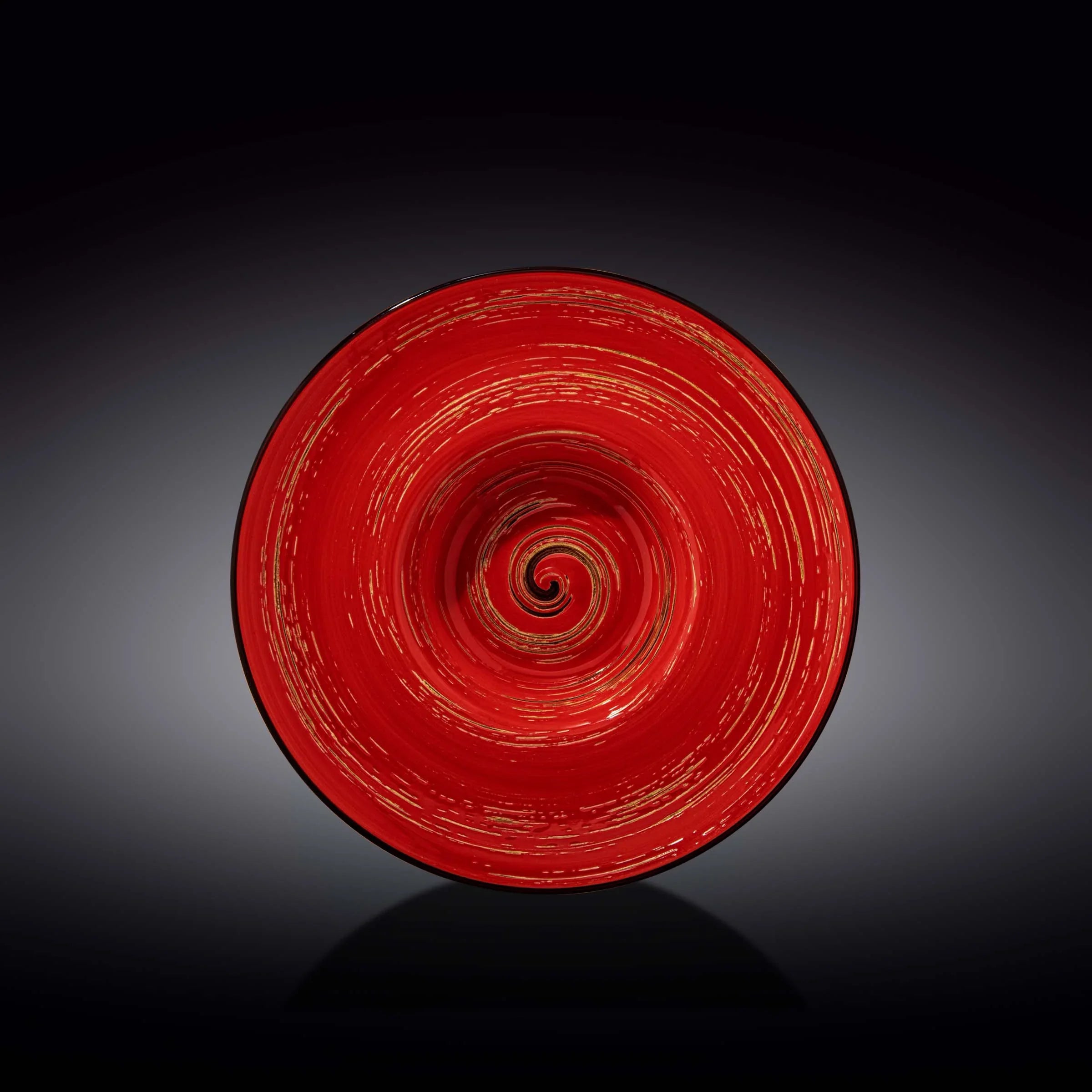Red swirl art glass plate with gold accents, artist-designed cosmic décor from Qu!rk Boutique