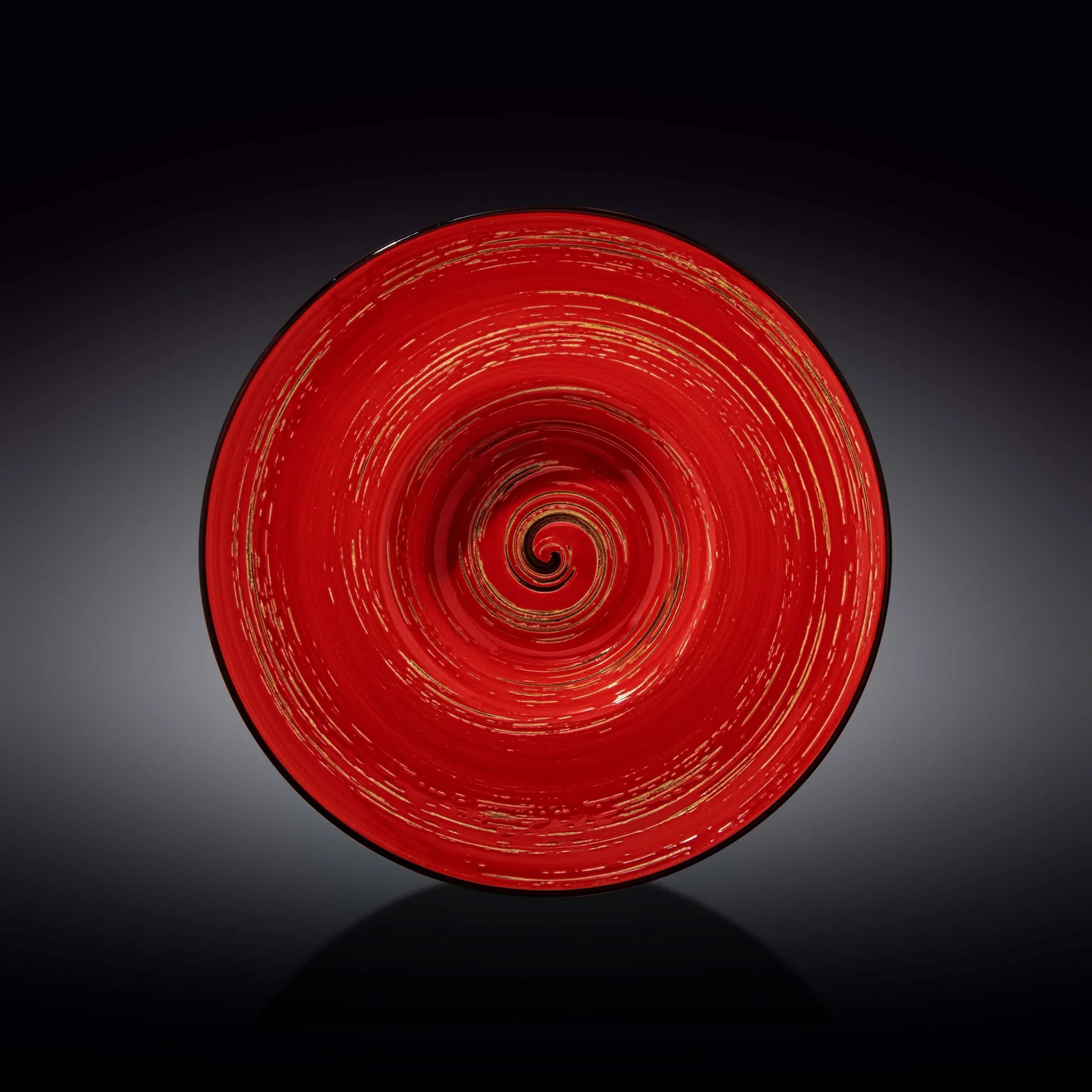 Artist-designed red swirl plate with gold accents, modern handmade decor at Qu!rk Boutique