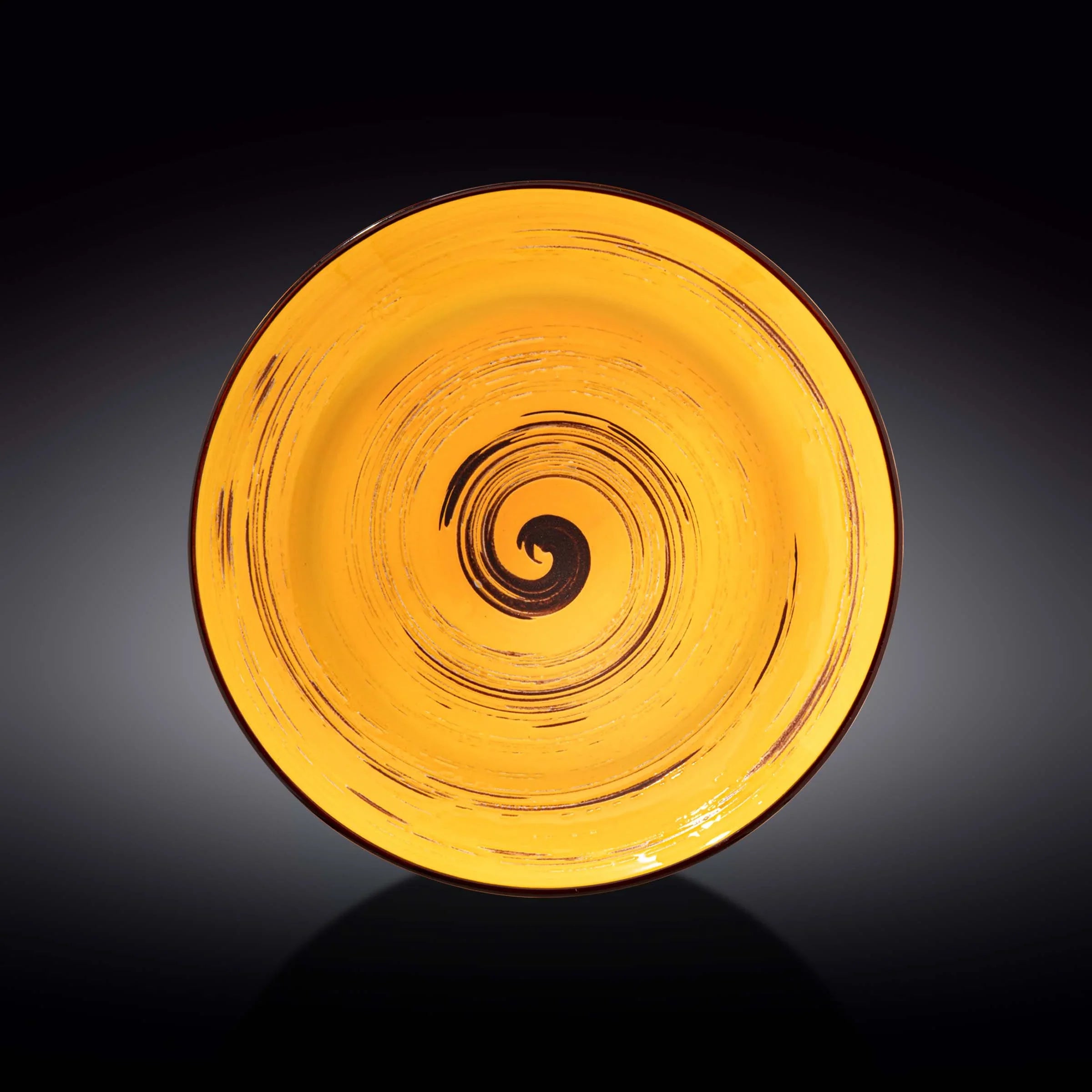 Artist-designed yellow ceramic plate with black spiral, Qu!rk Boutique sustainable gift