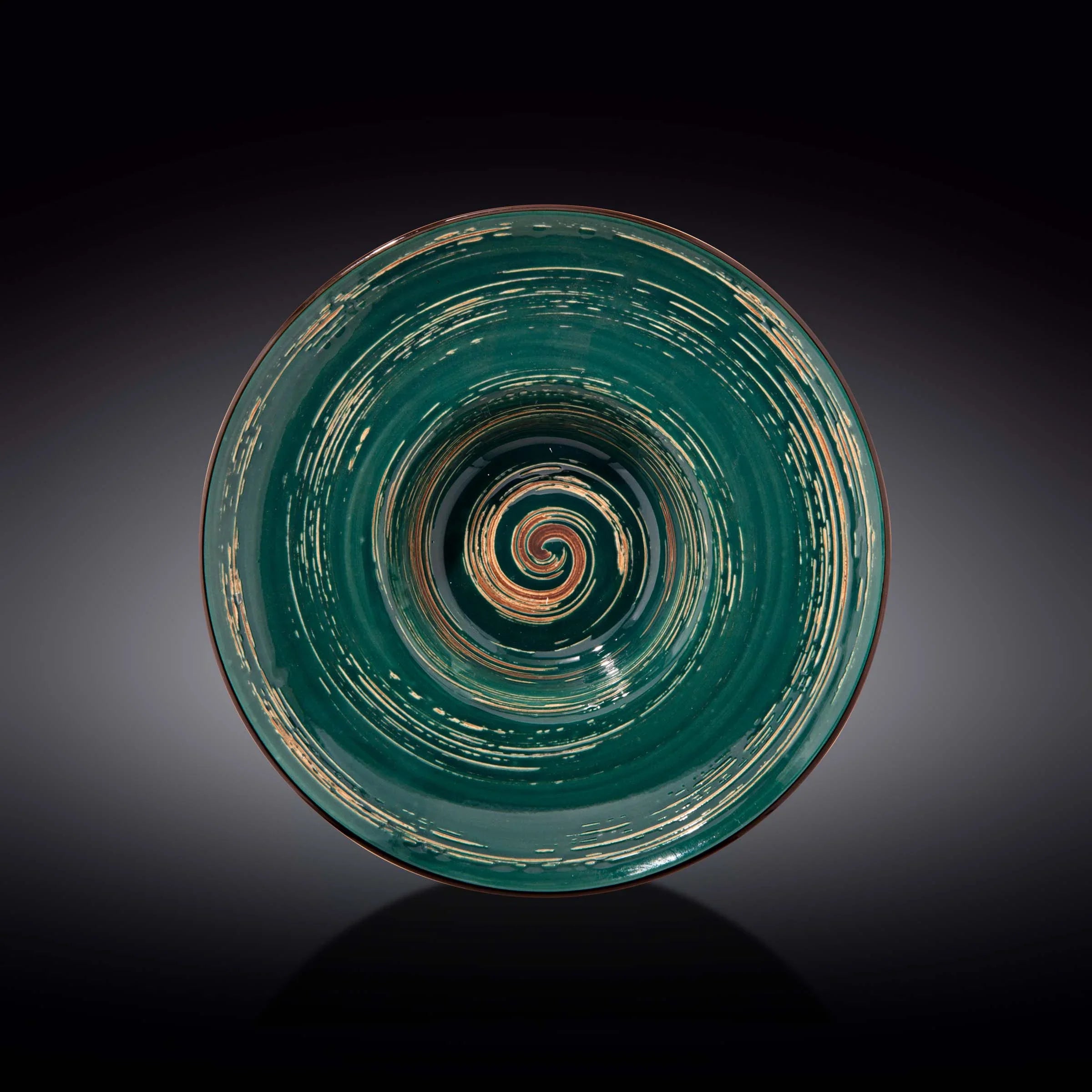 Handcrafted green ceramic bowl with a gold spiral design, artist-made home décor