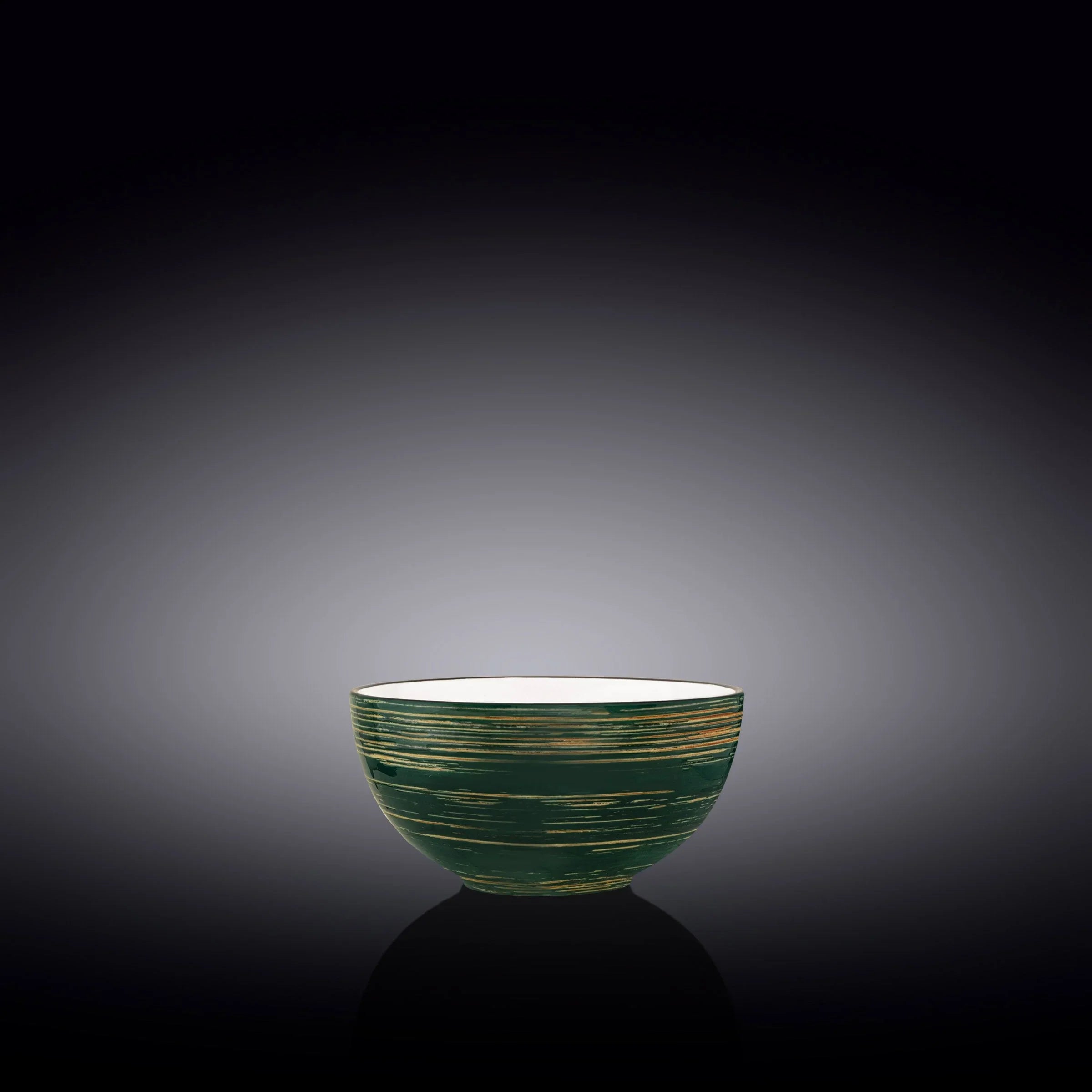 Green and gold artisan bowl with textured stripes, featured on Qu!rk Boutique's homepage
