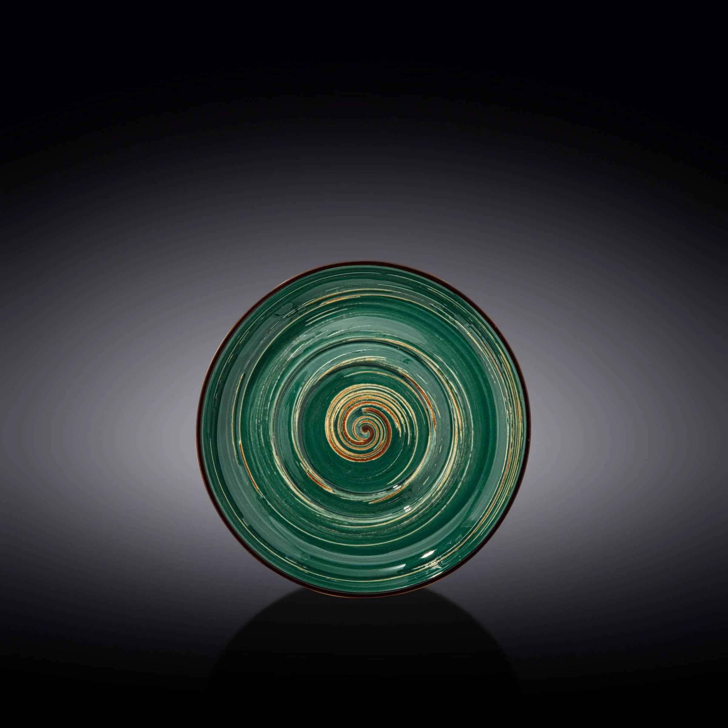 Artist-designed green spiral ceramic plate on dark gradient background, Qu!rk Boutique