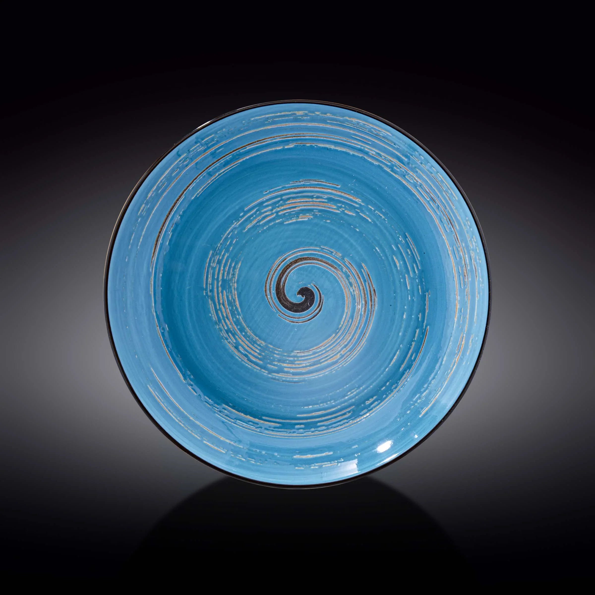 Handcrafted blue ceramic plate with cosmic spiral design on black background, Qu!rk Boutique
