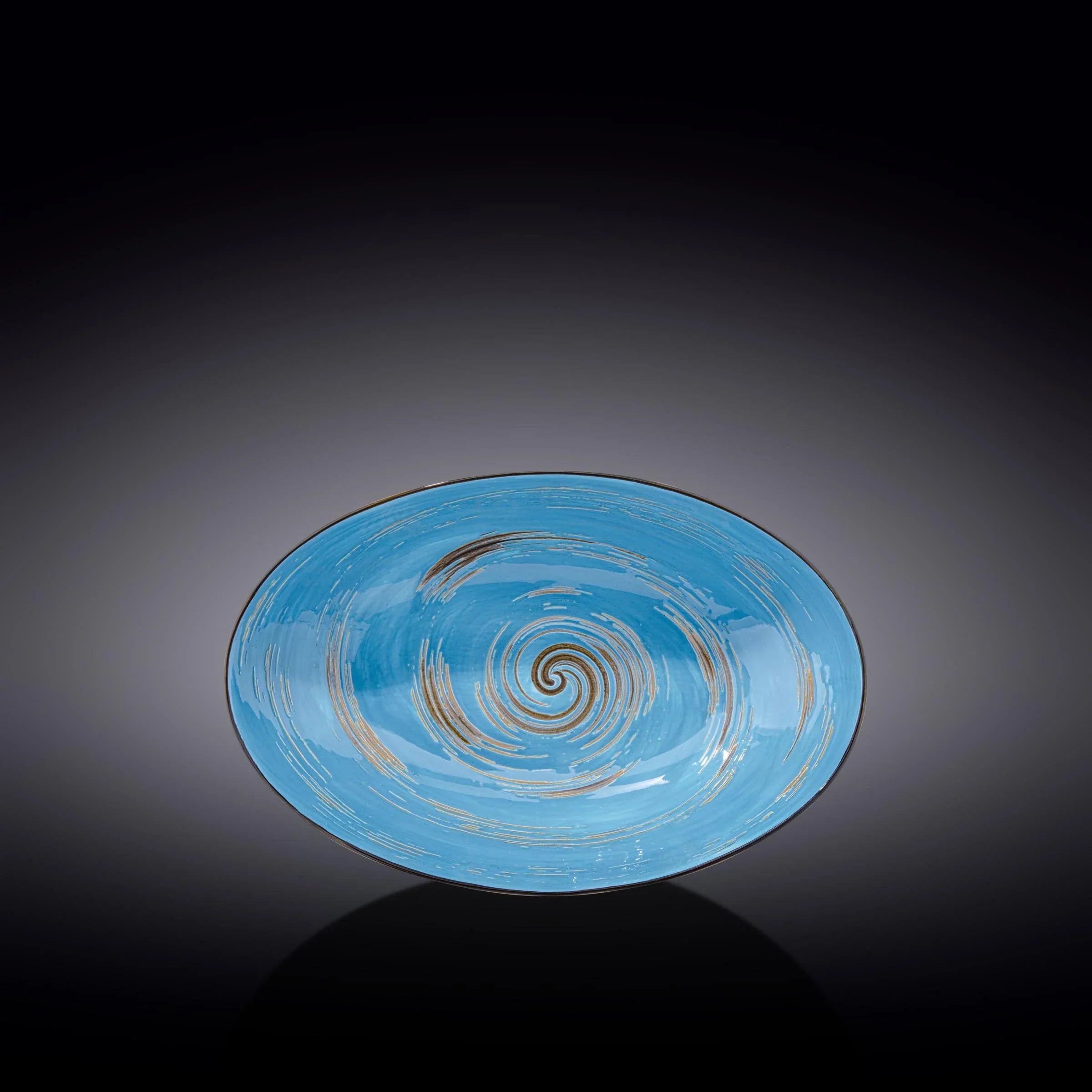 Blue swirl ceramic bowl on black background, artist-designed decor from Qu!rk Boutique