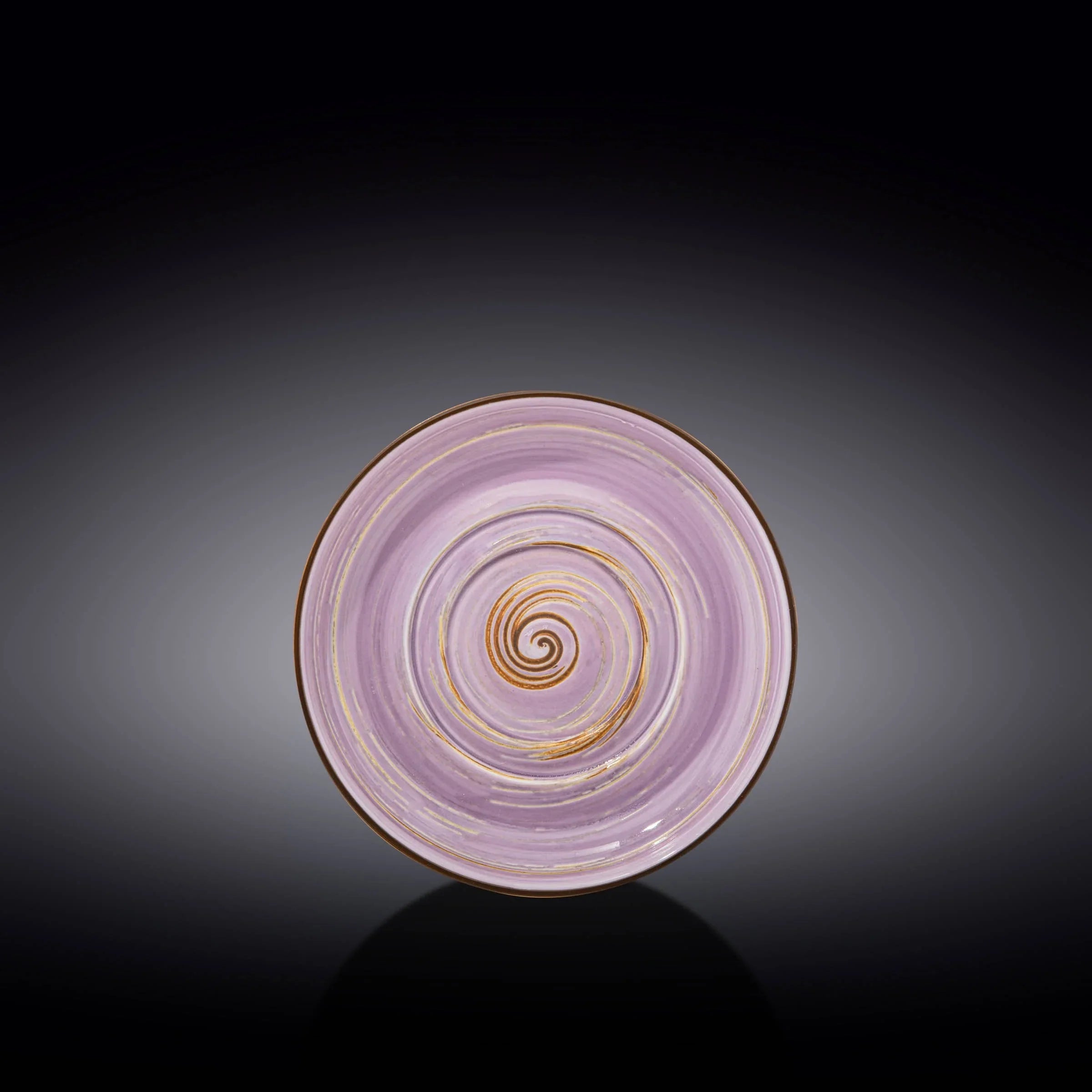 Handcrafted lavender spiral ceramic plate on dark background, Qu!rk boutique artistic gift.