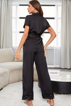 Surplice Neck Tie Waist Top and Pants Pajama Set - Qu!rk Boutique