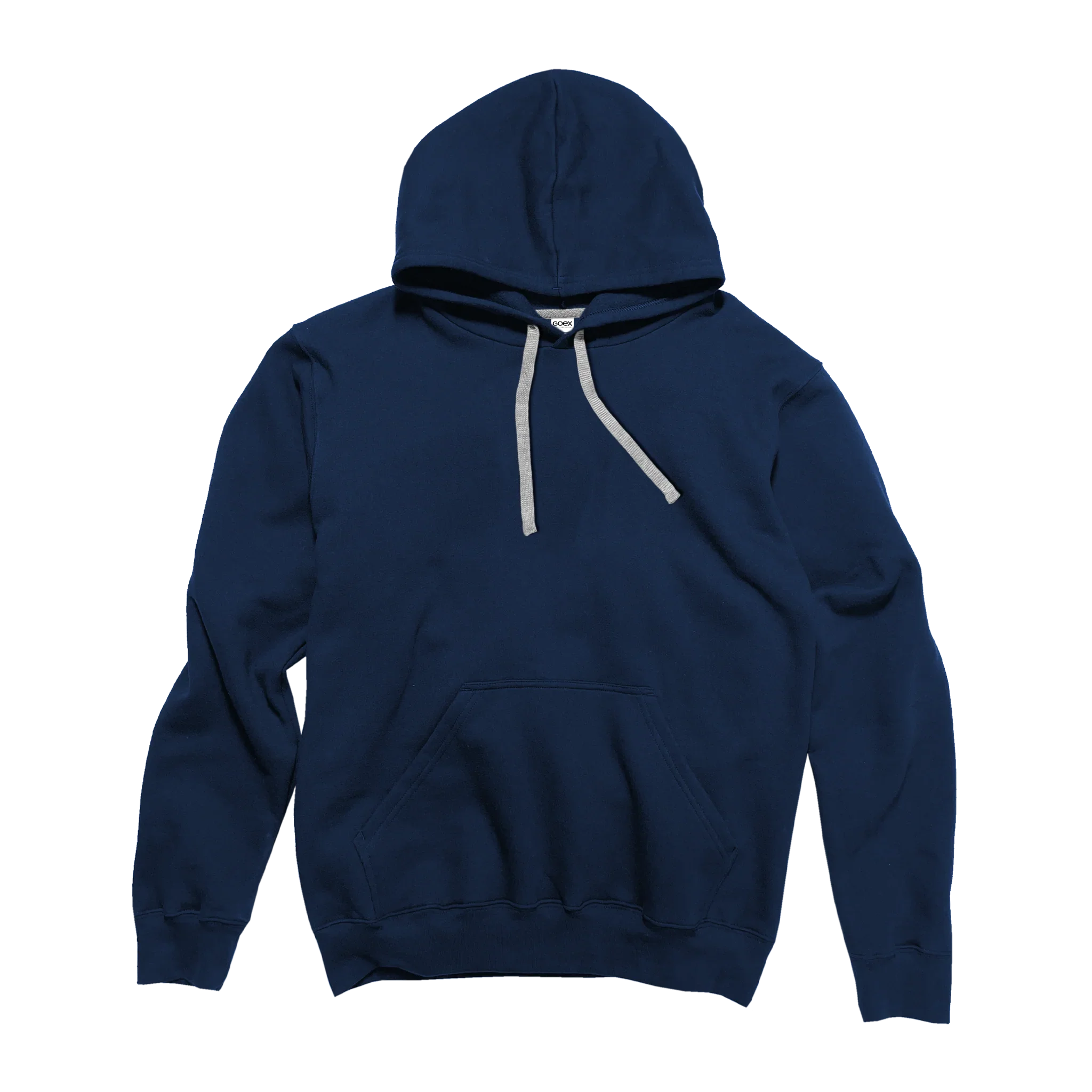 Navy blue pullover hoodie with front pocket and gray drawstrings, Qu!rk Boutique apparel