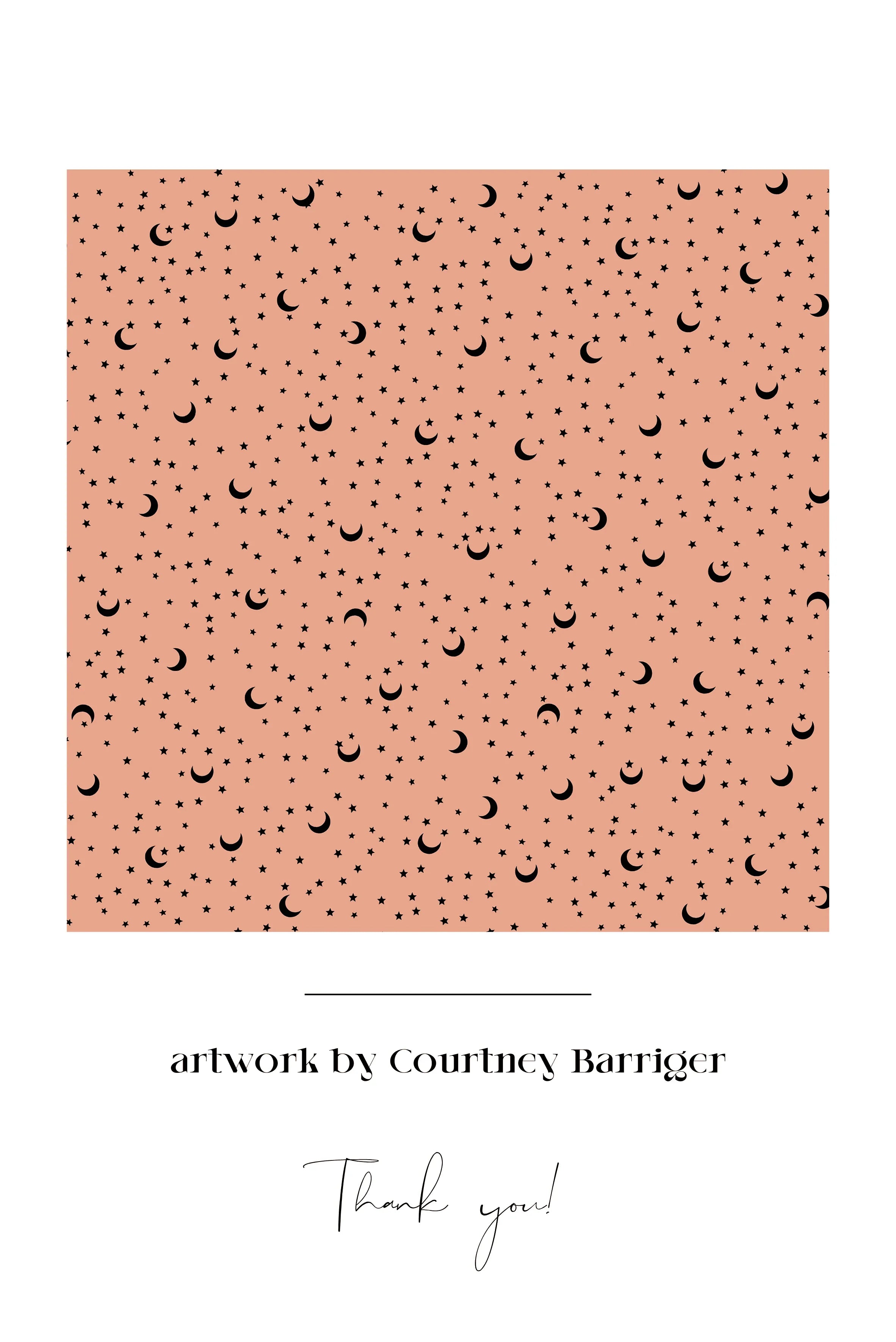 Rust-colored background with black crescent moons and stars pattern by Courtney Barriger