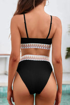Textured Contrast Banding Bikini High Waist 2pcs Swimsuit - Qu!rk Boutique