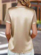 Satin V-Neck Sheer Short Sleeve Top - Qu!rk Boutique