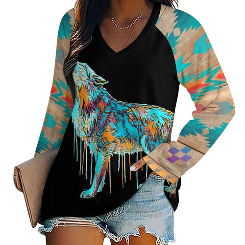Baha Ranch Western Native Wolf Long Sleeve Tee - Qu!rk Boutique