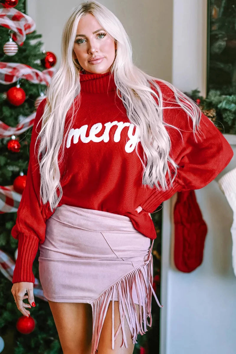 Double Take Full Size Merry Christmas Turtleneck Long Sleeve Sweater - Qu!rk Boutique