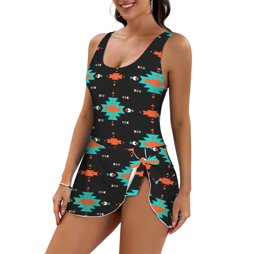Baha Ranch Turquoise Orange Aztec Skirted Swimsuit - Qu!rk Boutique