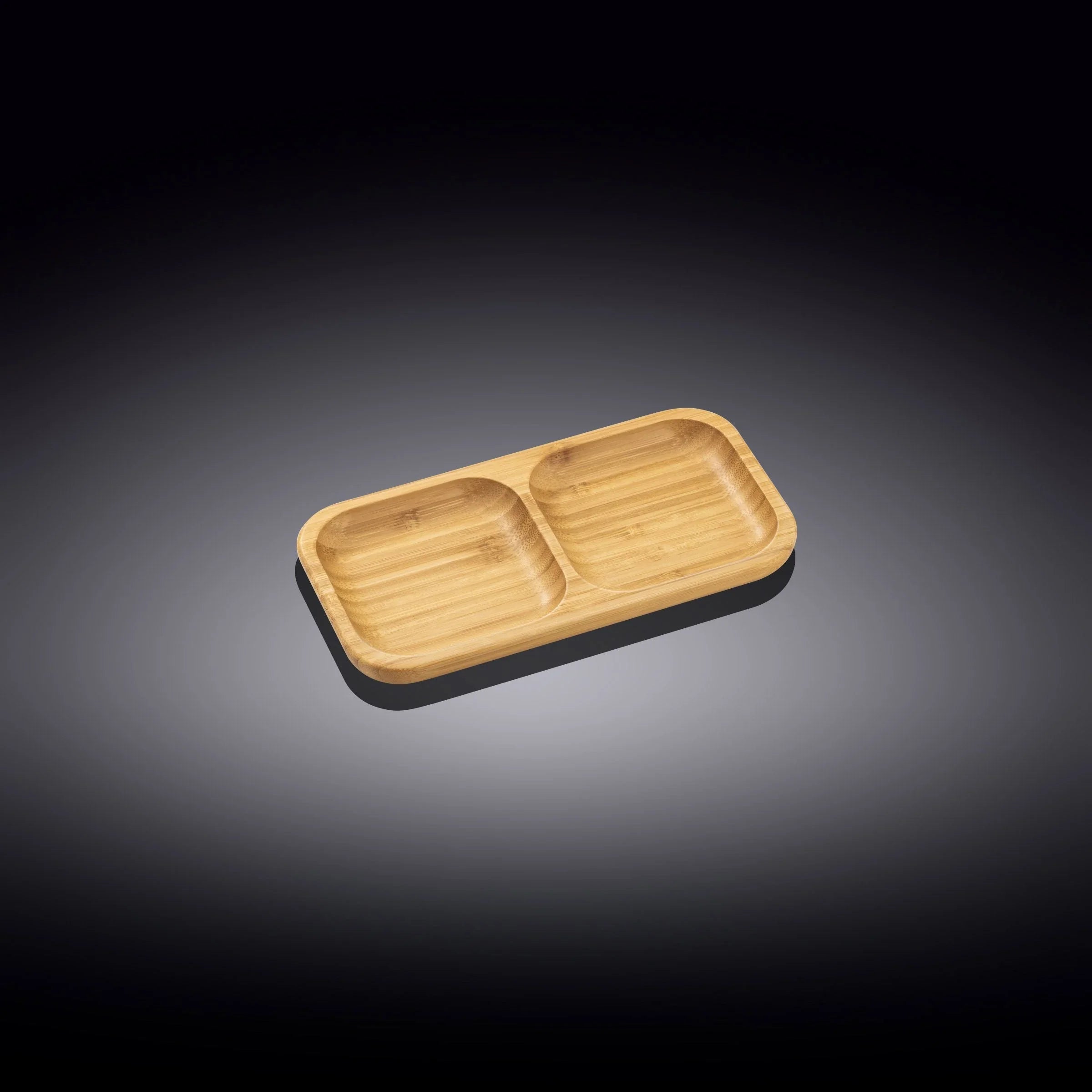 Sustainable bamboo two-section tray on dark background, boutique giftware, eco-friendly design