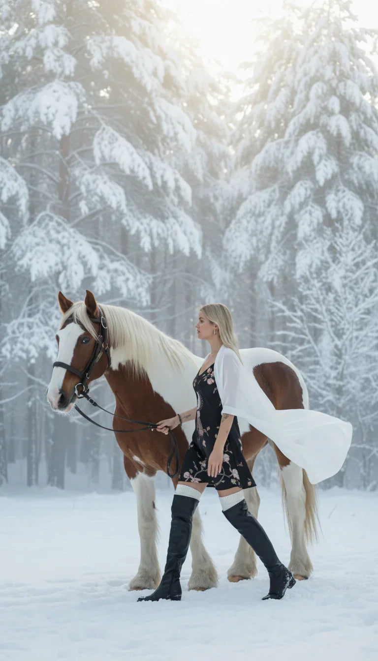 Woman in black dress and boots walking a brown and white horse in snowy winter forest