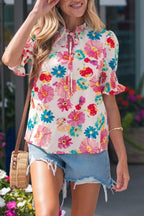 Floral Print Ruched Short Sleeve Blouse - Qu!rk Boutique