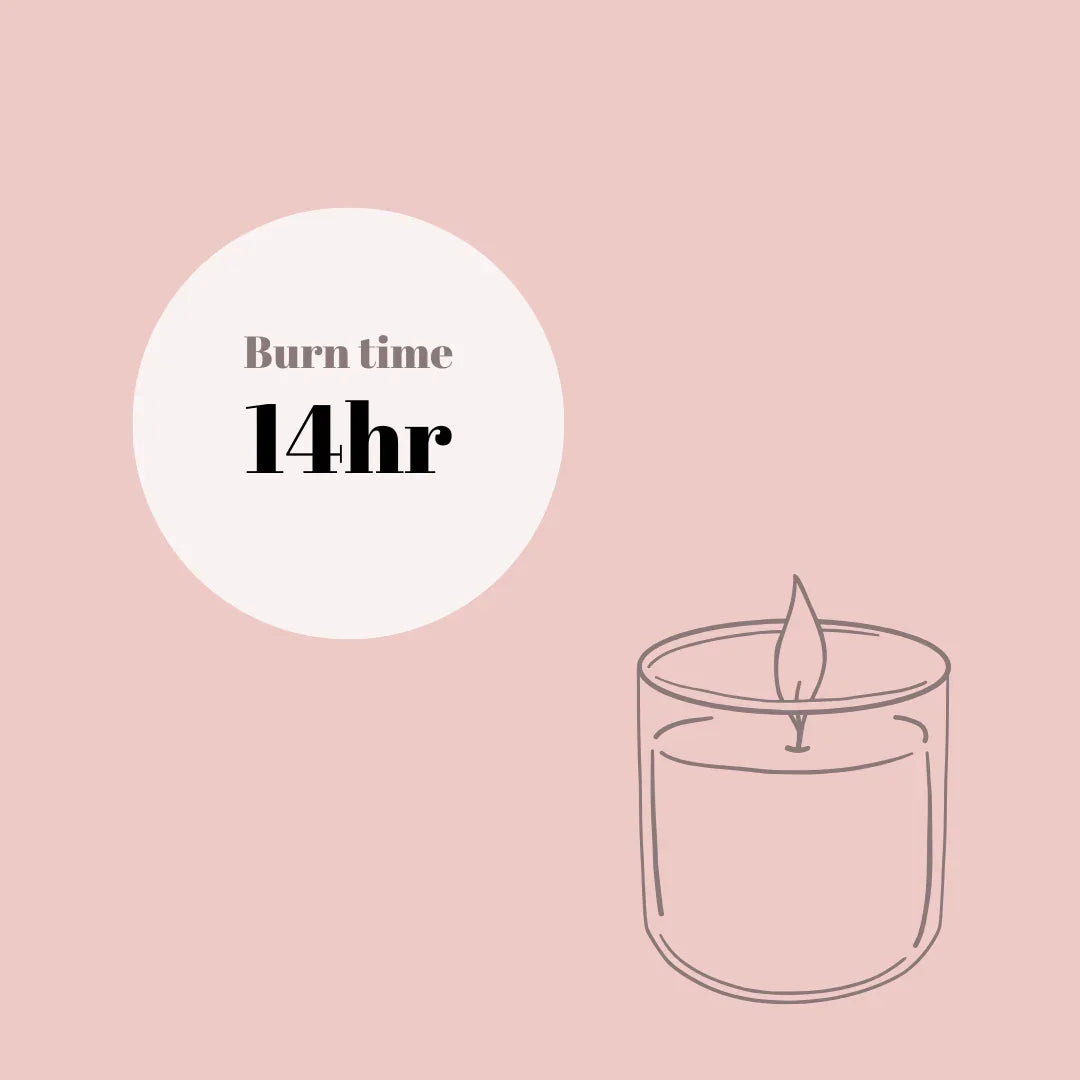 Illustration of a burning candle with text stating 14 hour burn time on a soft pink background