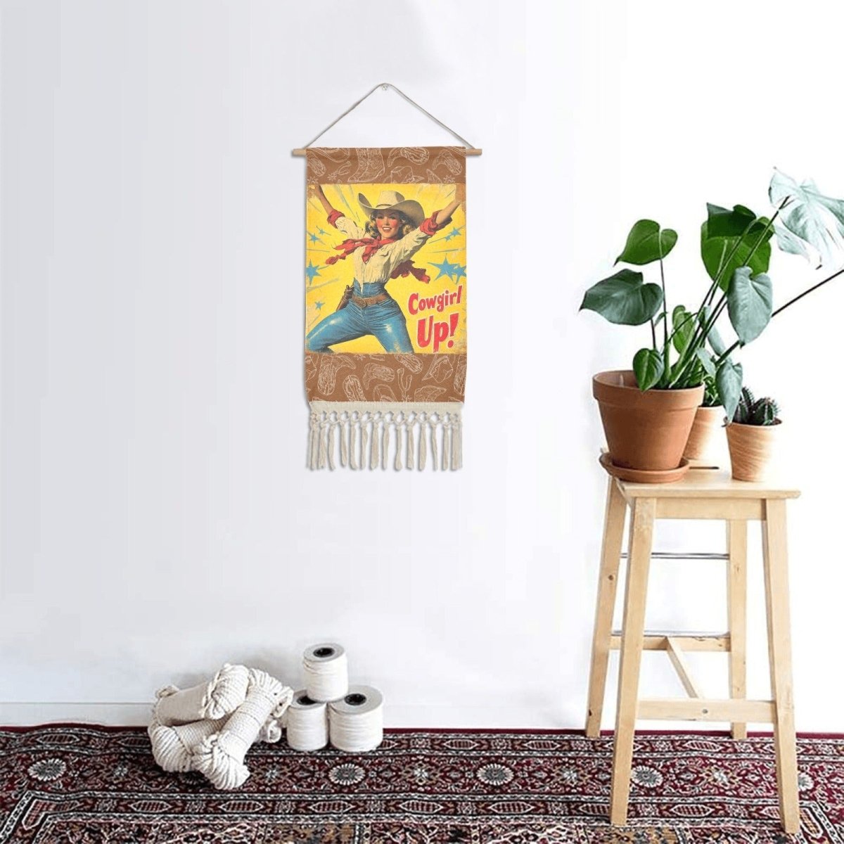 Cowgirl Up Vintage Western Wall Decor Linen Hanging Poster with Fringe Made in America - Qu!rk Boutique