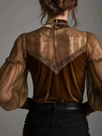 Velvet and Lace Mock Neck Blouse - Qu!rk Boutique