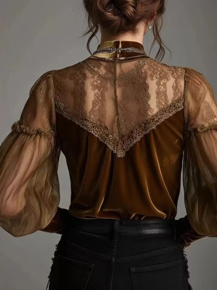 Velvet and Lace Mock Neck Blouse - Qu!rk Boutique