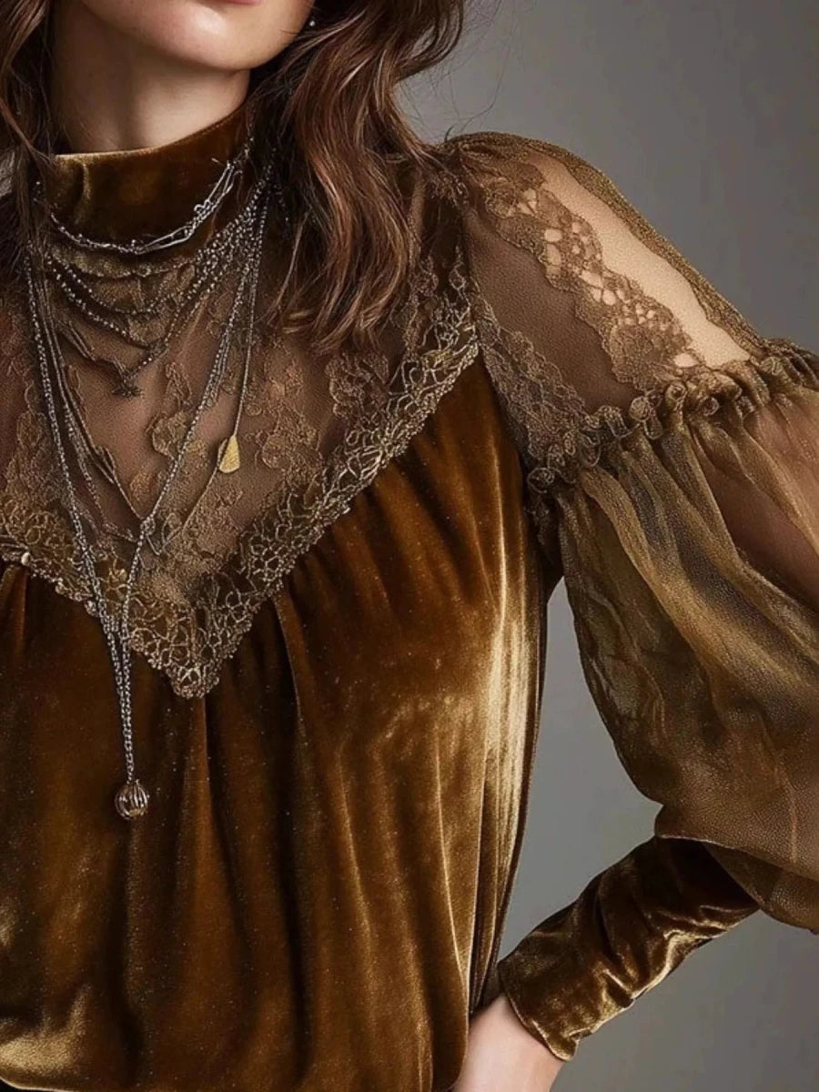 Velvet and Lace Mock Neck Blouse - Qu!rk Boutique