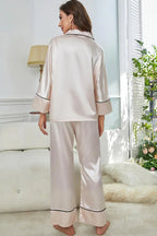 Contrast Piping Button-Up Top and Pants Pajama Set - Qu!rk Boutique