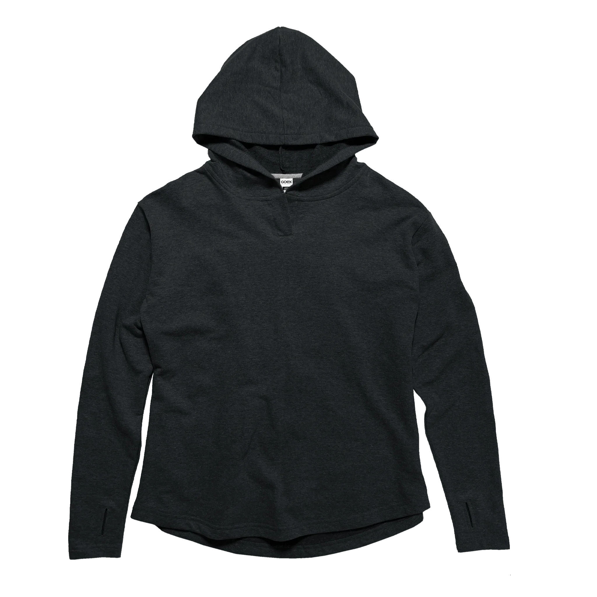 Dark charcoal long-sleeve femme-fit hoodie from Qu!rk Boutique, laid flat, front view.