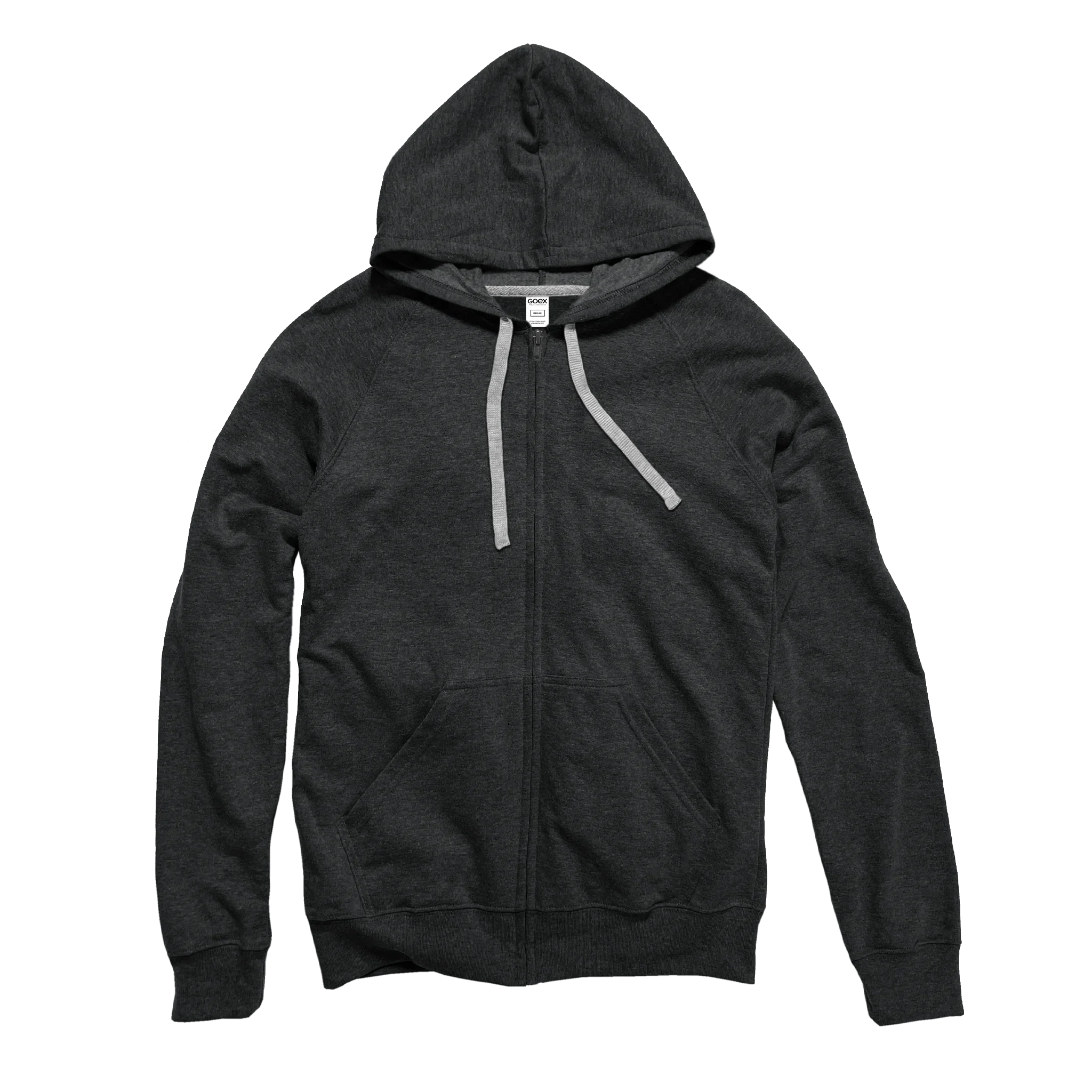 Charcoal zip-up hoodie with front pockets and drawstrings, Qu!rk Boutique sustainable fashion