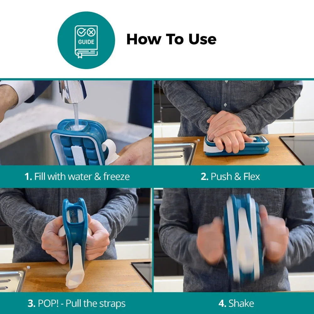 Step-by-step guide showing how to use a blue ice tray: fill with water, freeze, push, pop, shake.