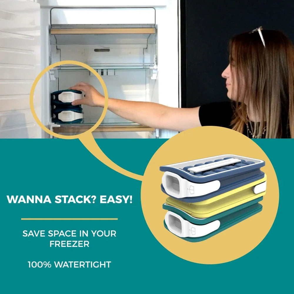 Woman stacking watertight, space-saving freezer containers; eco-friendly kitchen storage solution.