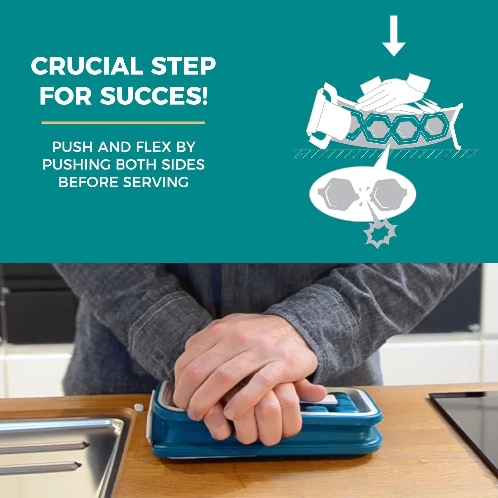 Hands flexing a blue ice cube tray on a kitchen counter, showing eco-friendly kitchen tool instructions.