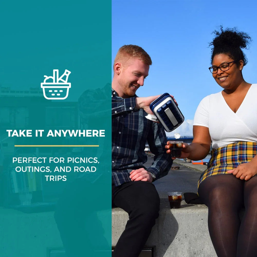 Smiling friends enjoy drinks outdoors with portable cooler, perfect for picnics and road trips.