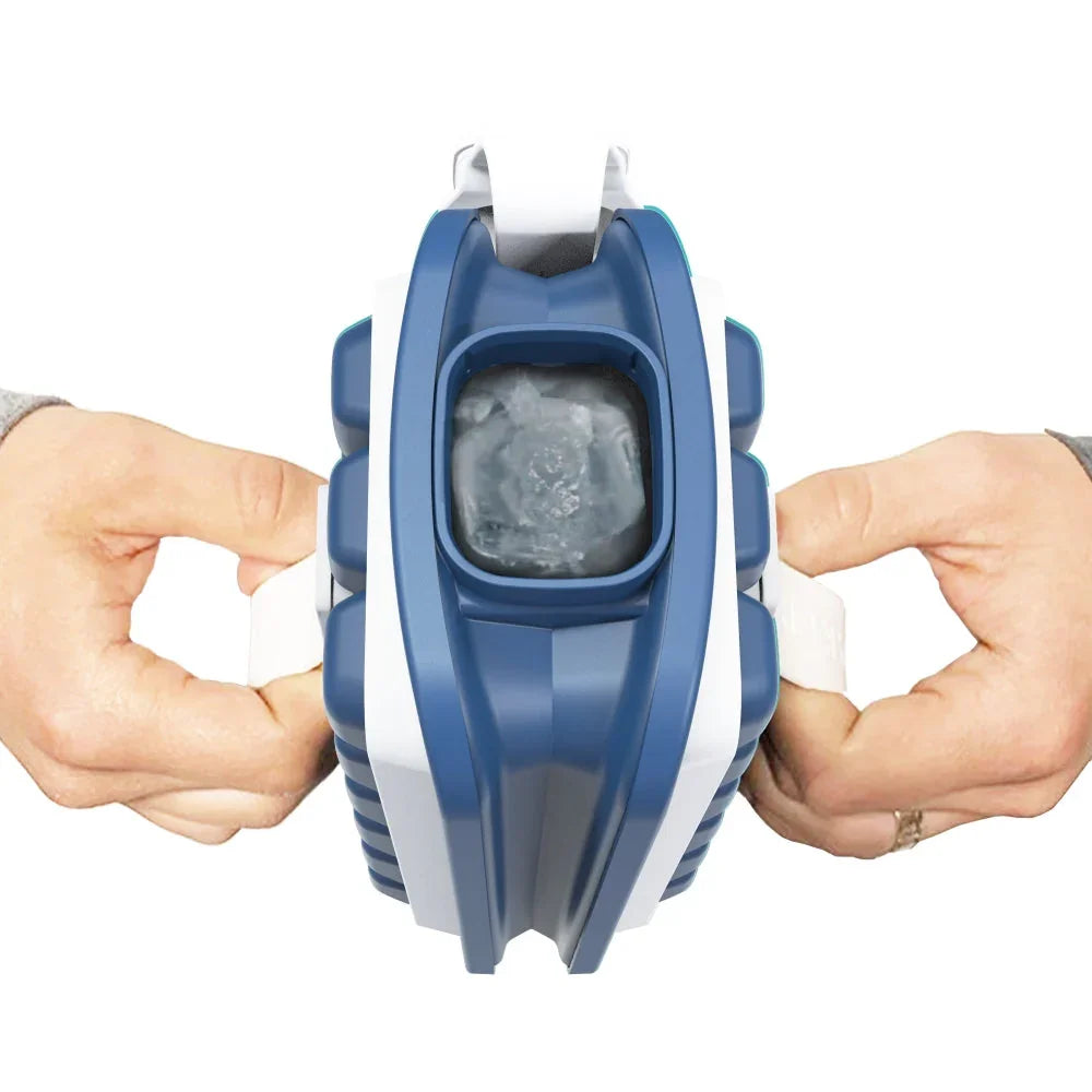 Hands holding a blue and white ice therapy device, top view, from Qu!rk Boutique & Gift Shop