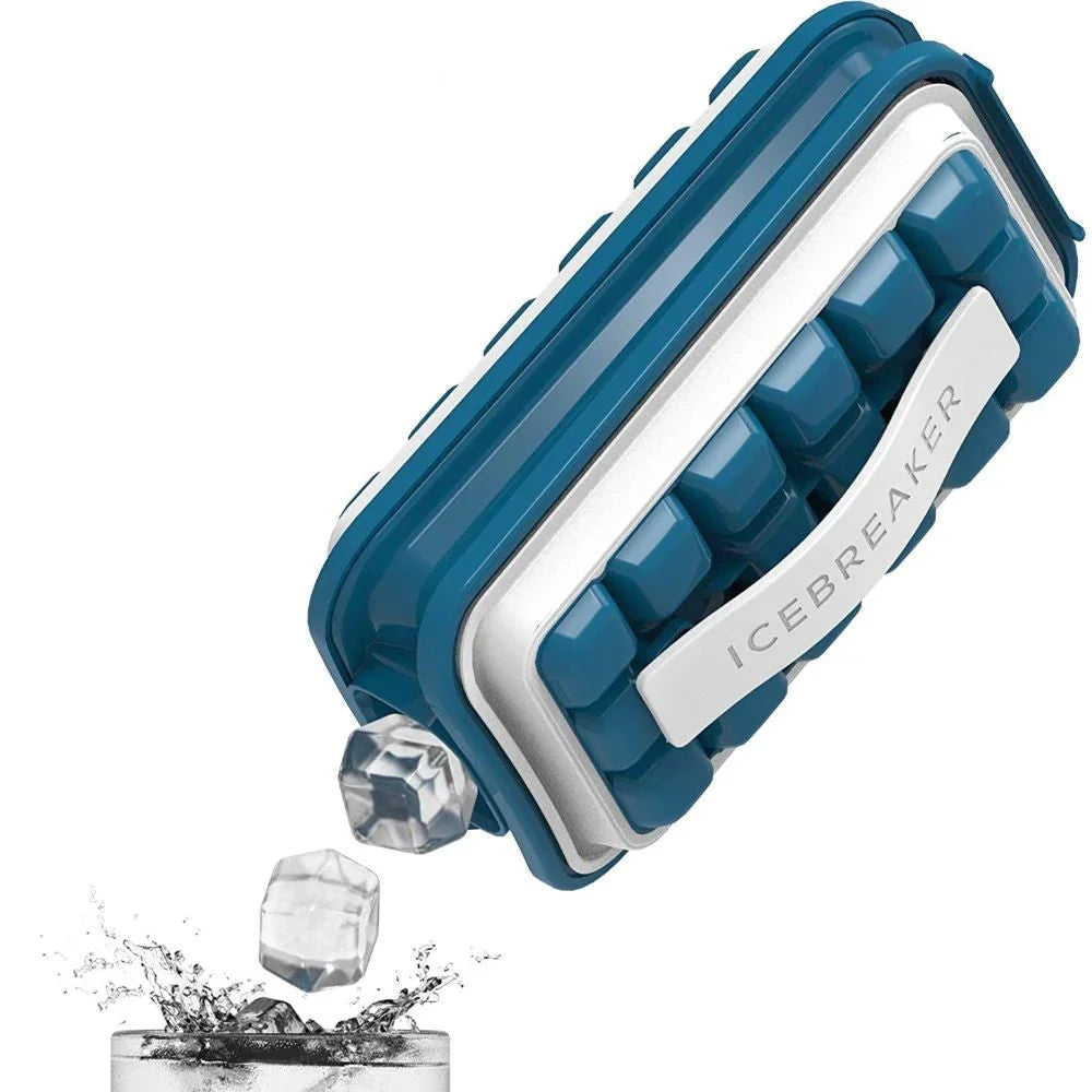 Blue ICEBREAKER ice cube tray dispensing ice cubes into a glass, splash visible