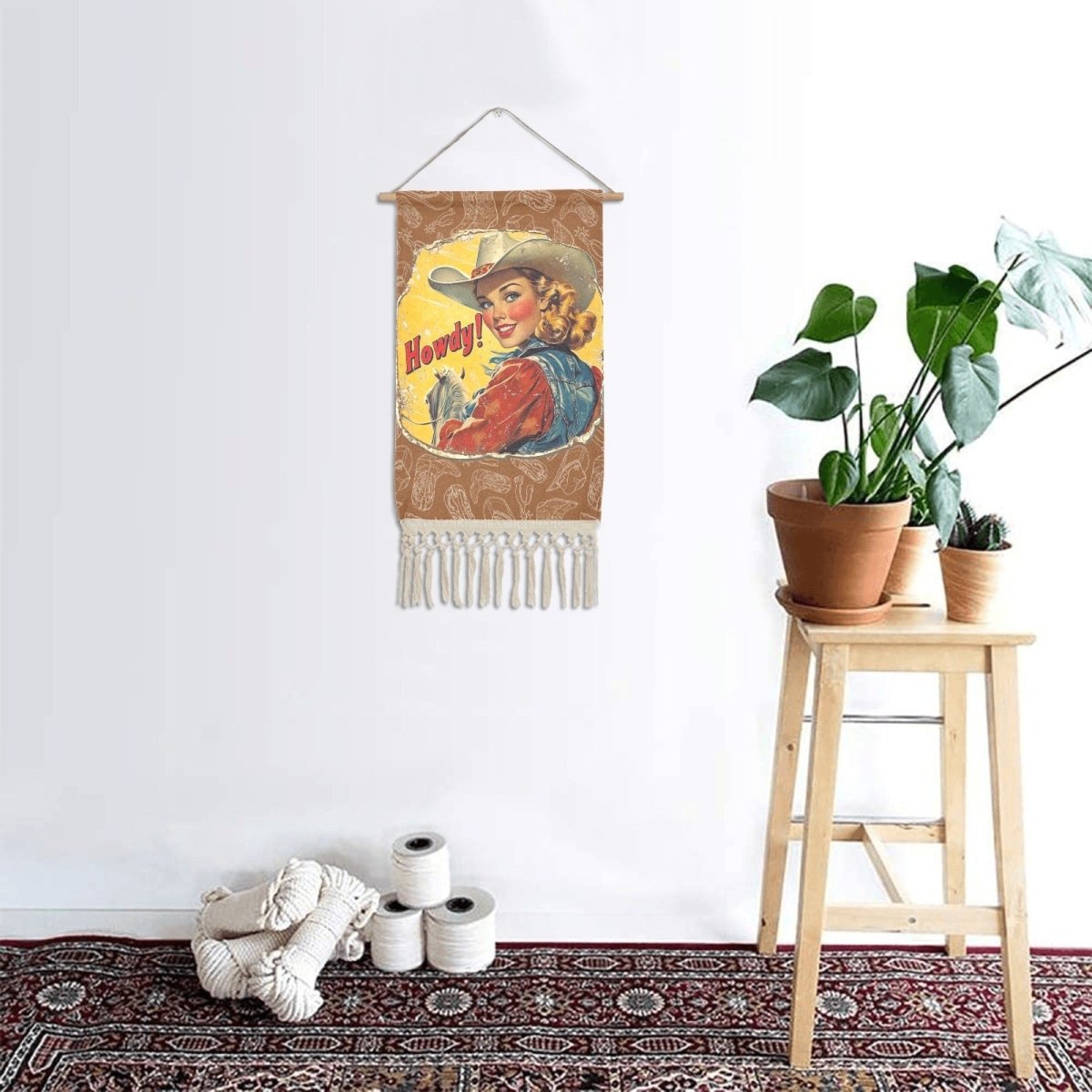Howdy Vintage Cowgirl Western Wall Decor Linen Hanging Poster with Fringe Made in America - Qu!rk Boutique