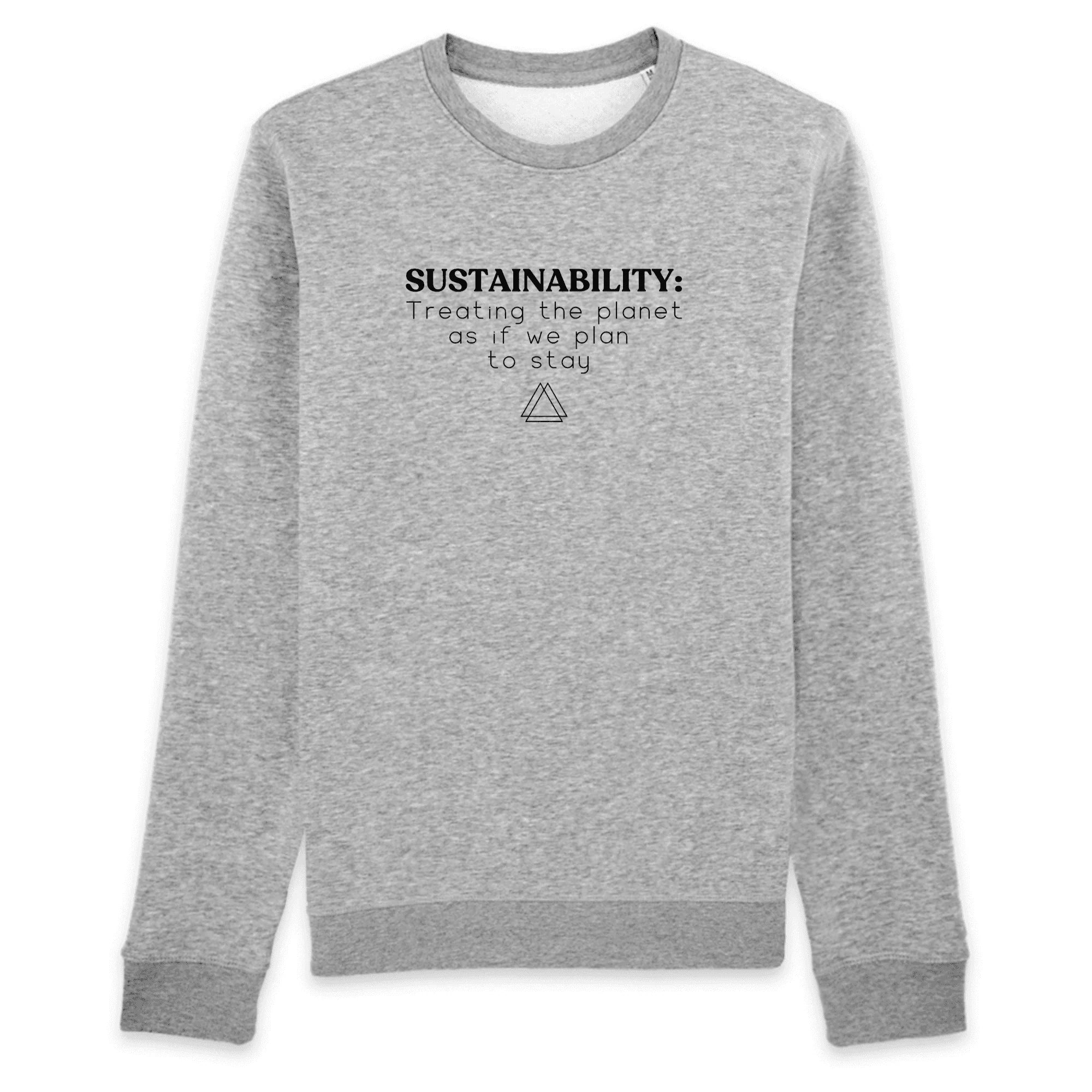 Grey long-sleeve sweatshirt with sustainability quote and triangle emblem front design