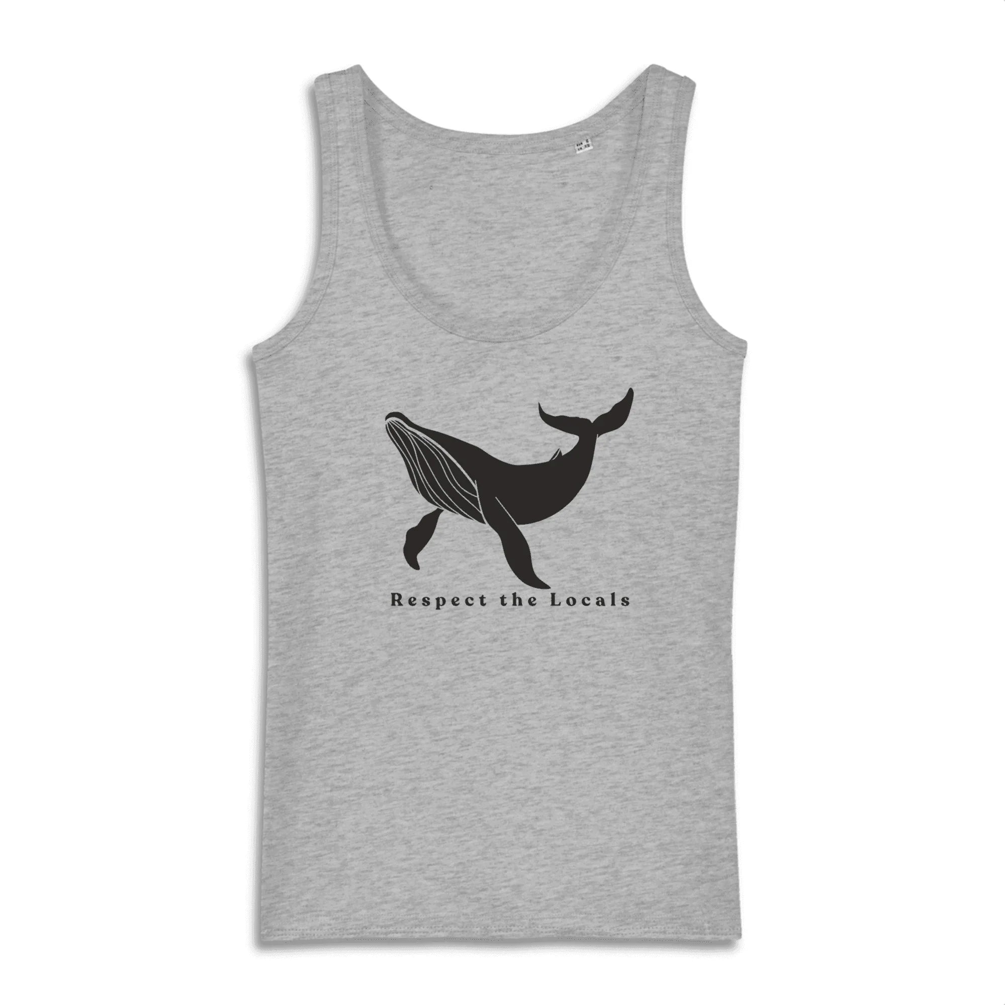 Grey tank top with black whale graphic and text Respect the Locals