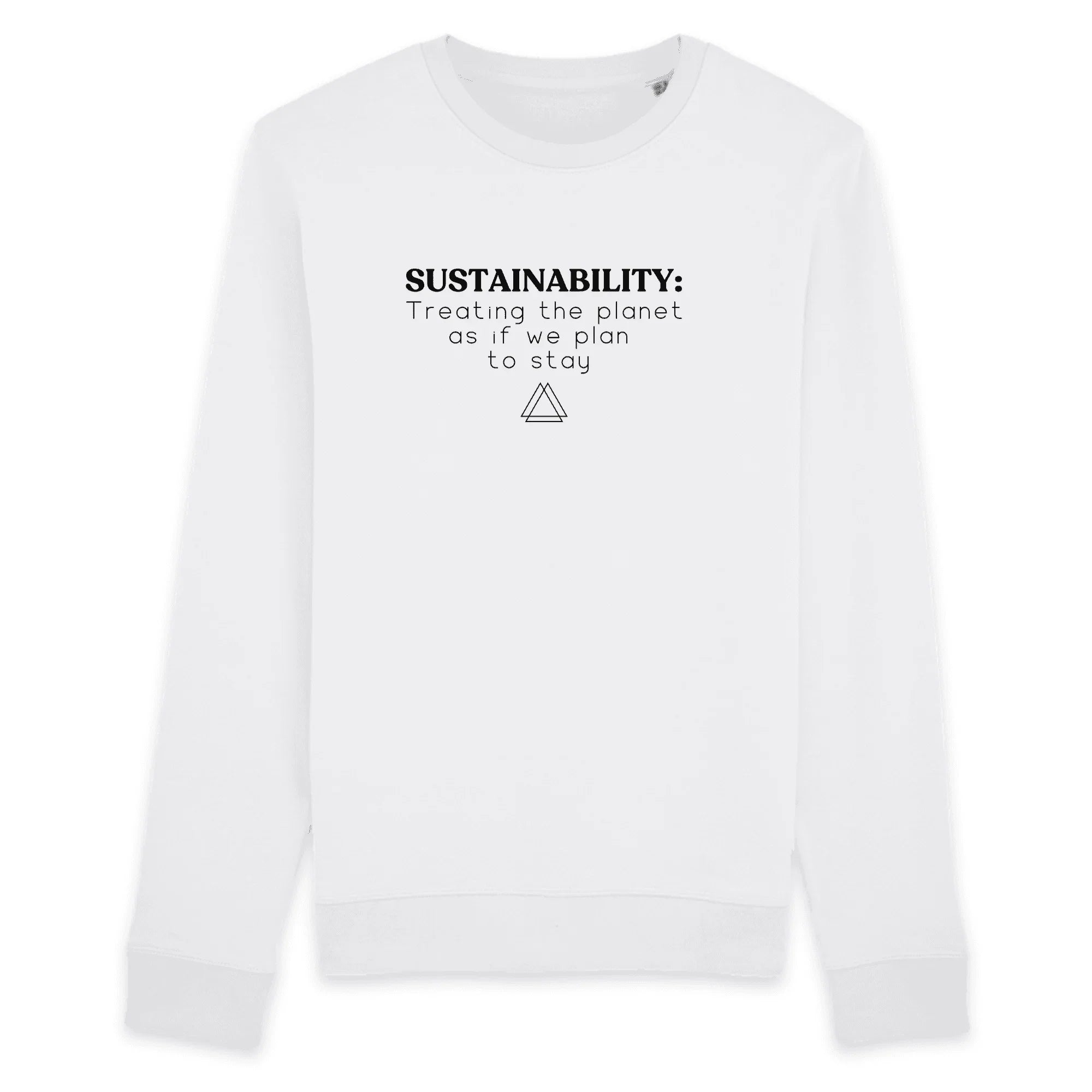 White long-sleeve sweatshirt with black text promoting sustainability message about caring for the planet
