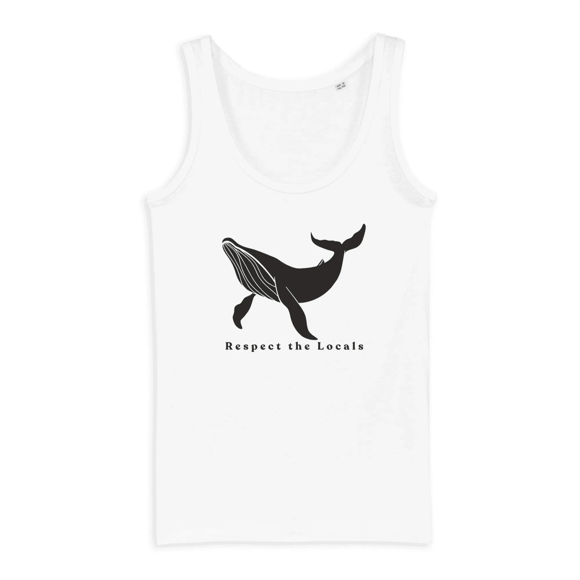White tank top with black whale graphic and text Respect the Locals