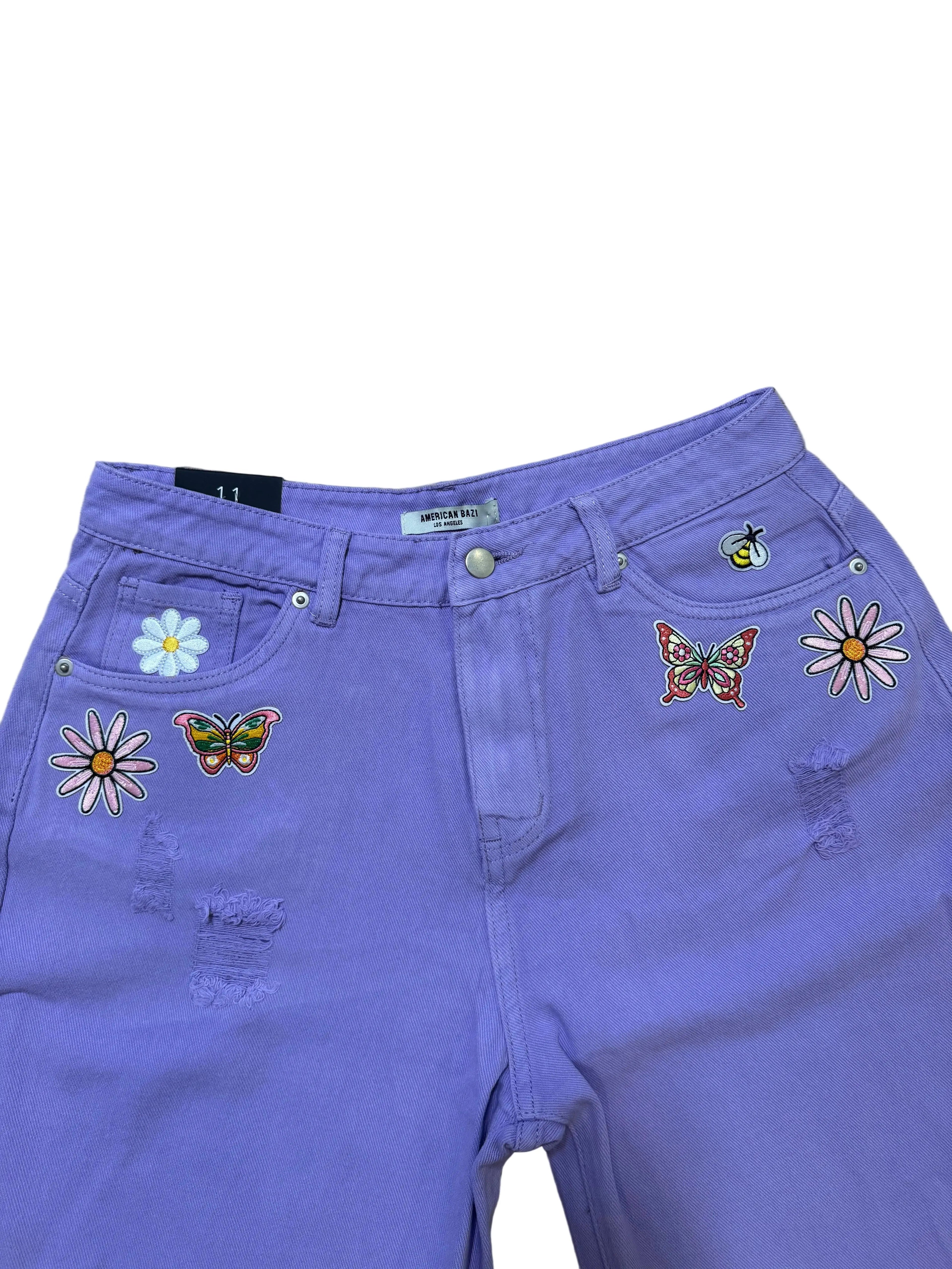 Purple Spring Patch High Waist Distressed Wide Leg Baggy Jeans