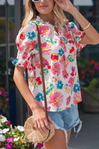Floral Print Ruched Short Sleeve Blouse - Qu!rk Boutique