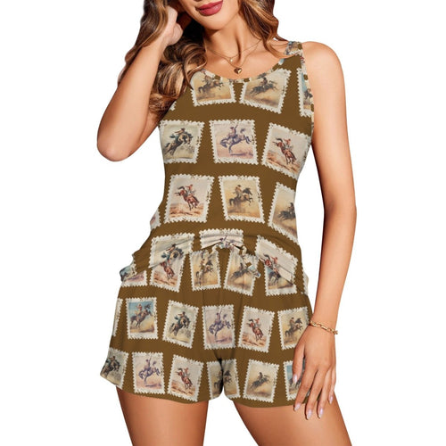 Baha Ranch Stamped Rodeo Cowboy Pajama Lounge Tank Shorts Set Made in America - Qu!rk Boutique