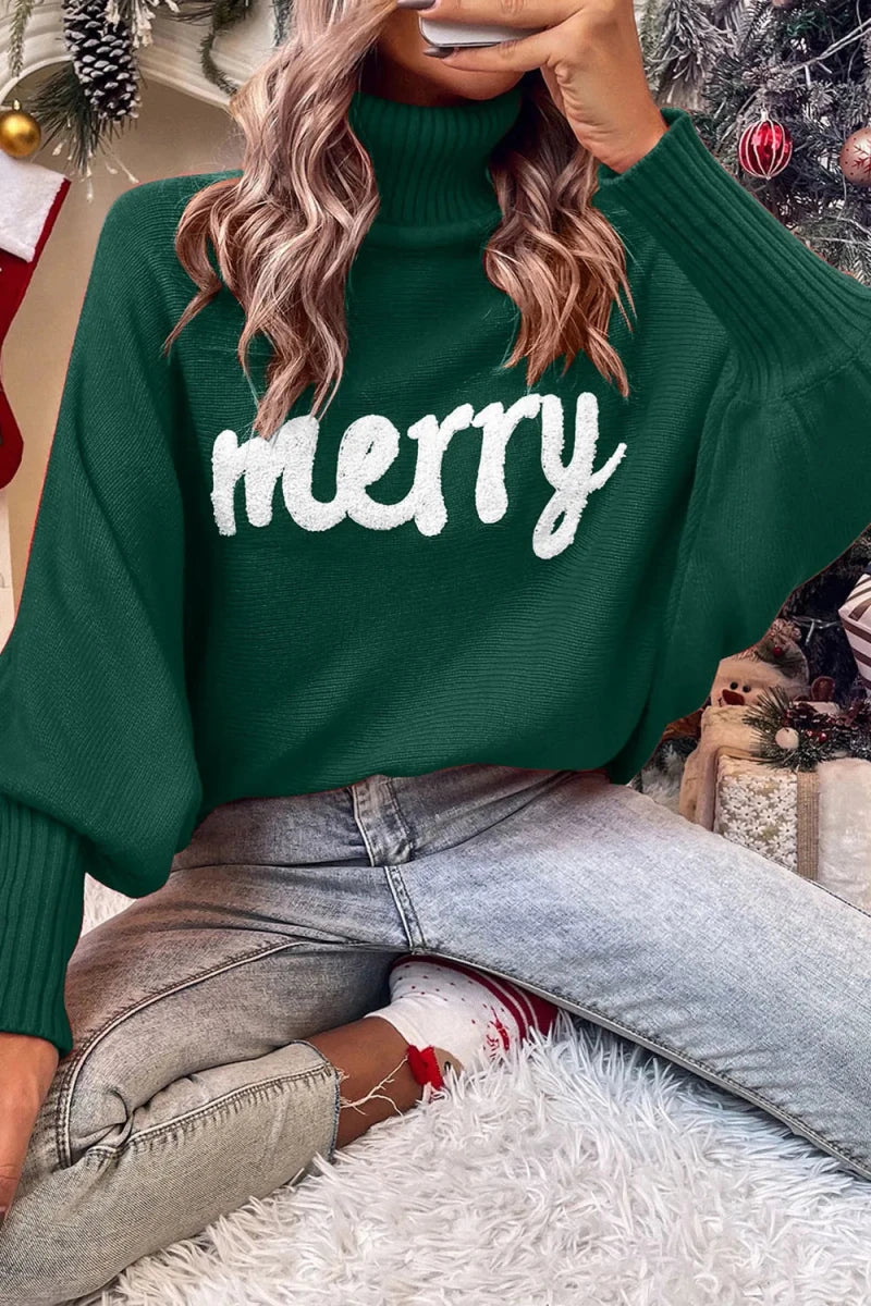 Double Take Full Size Merry Christmas Turtleneck Long Sleeve Sweater - Qu!rk Boutique